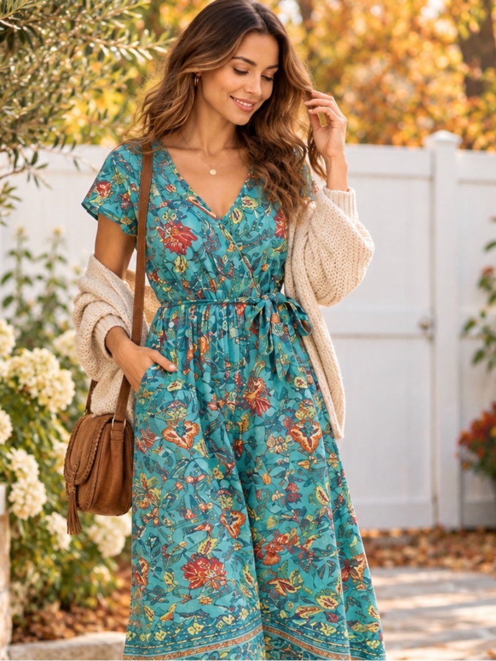 NWOT Teal Floral Faux Wrap Maxi Dress Elastic Waist Pockets Boho